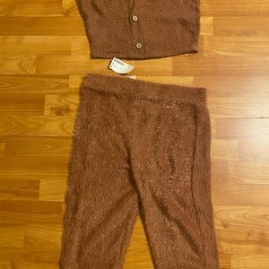 Fuzzy two piece crop top and short set